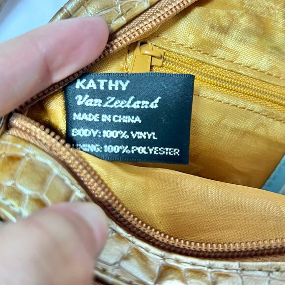 Kathy Van Zeeland Purse Bag Pocketbook Golden Honey Croc Embossed Organizer - Picture 11 of 16